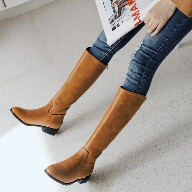 Lago taupo Umeki sin embargo Botas altas de tacón bajo para mujer, zapatos de tacón bajo, Botas Largas,  alta calidad, Color salvaje, piel sintética, 2019 - AliExpress