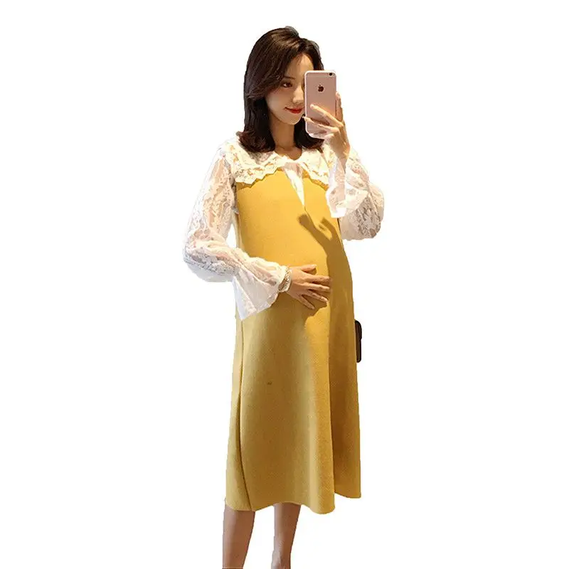 

2019 New Pregnant Women Flare Sleeve Lace Shirts+Woolen Sundress Suits Maternity Causal Nursing Dress Set Pregnancy Clothes Q496