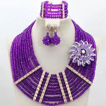 

Graceful Purple Nigerian Wedding Party Beads Necklace Set African Crystal Costume Beads Jewelry Set Fashion Set Free Ship QW447