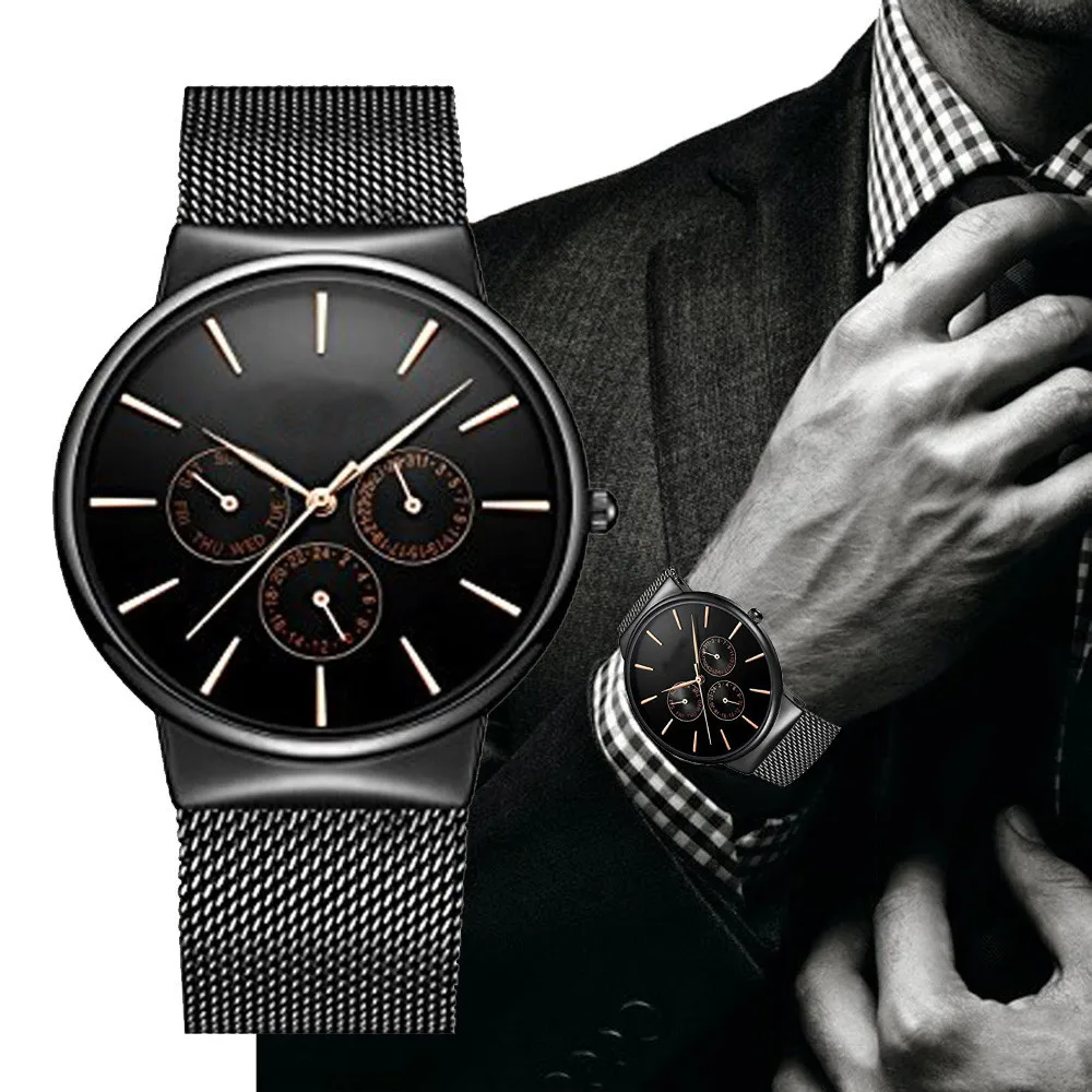 Mens Fashion Classic Black Quartz Stainless Steel Wrist Watch relogio