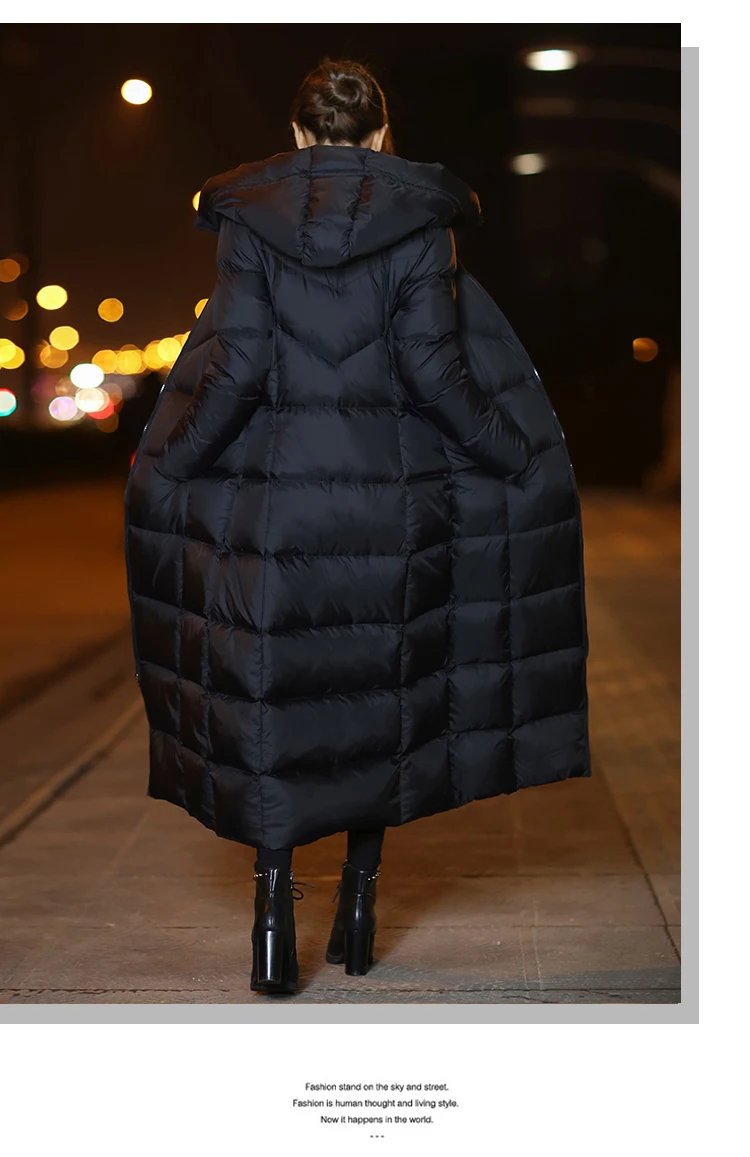 Длинное зимнее женское пуховое пальто, 90% белый утиный пух, куртка с гусиным пером, парка, черная Теплая стеганая верхняя одежда на молнии OKB166