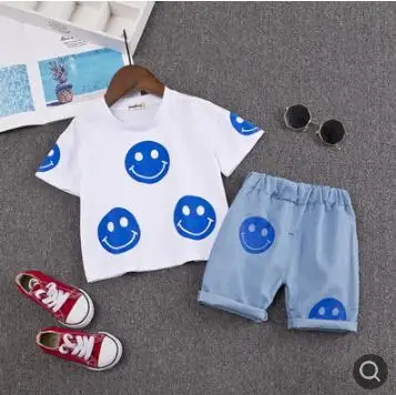 

Children's Clothing Set 2019 New Summer Short-sleeved Suit Cotton Cartoon Smile Baby Boys Girls Set Kids Outfits SY-F192235