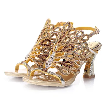 

Summer New Gold Large Size Peacock Pattern Hollow Diamond Sandals Buckle Open Toe Thick Heels 8CM