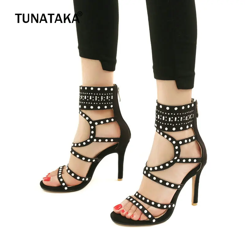 

Summer Women's Fashion Gladiator Sandals Sexy Thin High Heels Zipper Party Shoes Woman Black Brown Purple