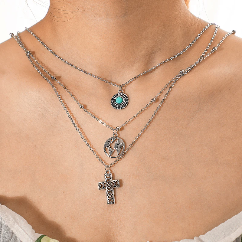 Docona Boho пляж карта крест полый геометрический кулон ожерелье для женщин зеленый