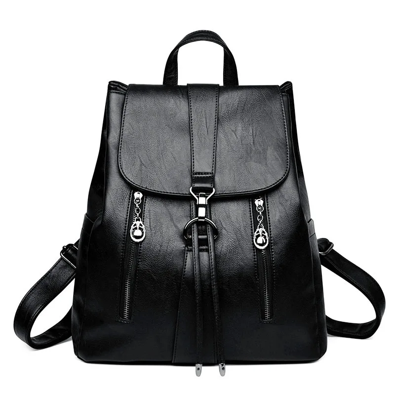 LANYI, новинка, рюкзак с двойной молнией, высокое качество, кожа, школьные сумки для девочек-подростков, черный женский рюкзак, дорожные сумки - Цвет: Black