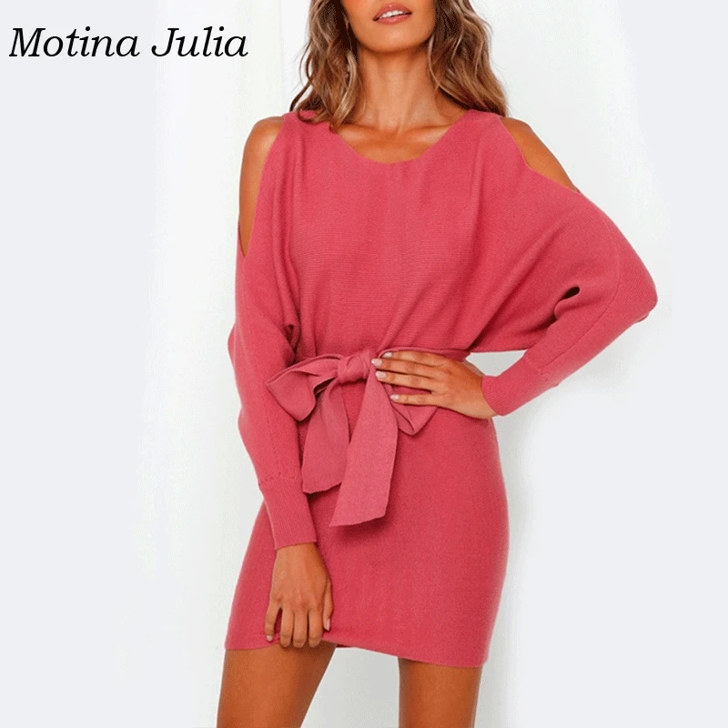 Motina Julia/2019 г. осенне-зимнее трикотажное платье мини-свитер с бантом и открытыми