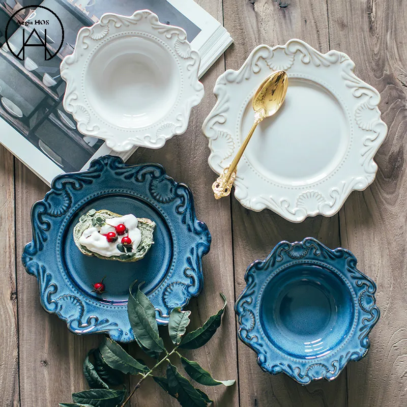 

8 Inch Retro palace relief Dishes Set of Dishes Dinnerware Set Bowl Cake Plates Tableware Dinner Plates Wedding Decoration Tray