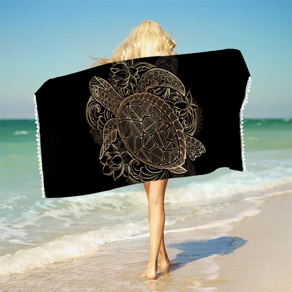 

Turtles Printed Absorbent Beach Towel with Tassels Microfiber Animal Tortoise Beach Towel Cover for Bathroom Floral Blankets