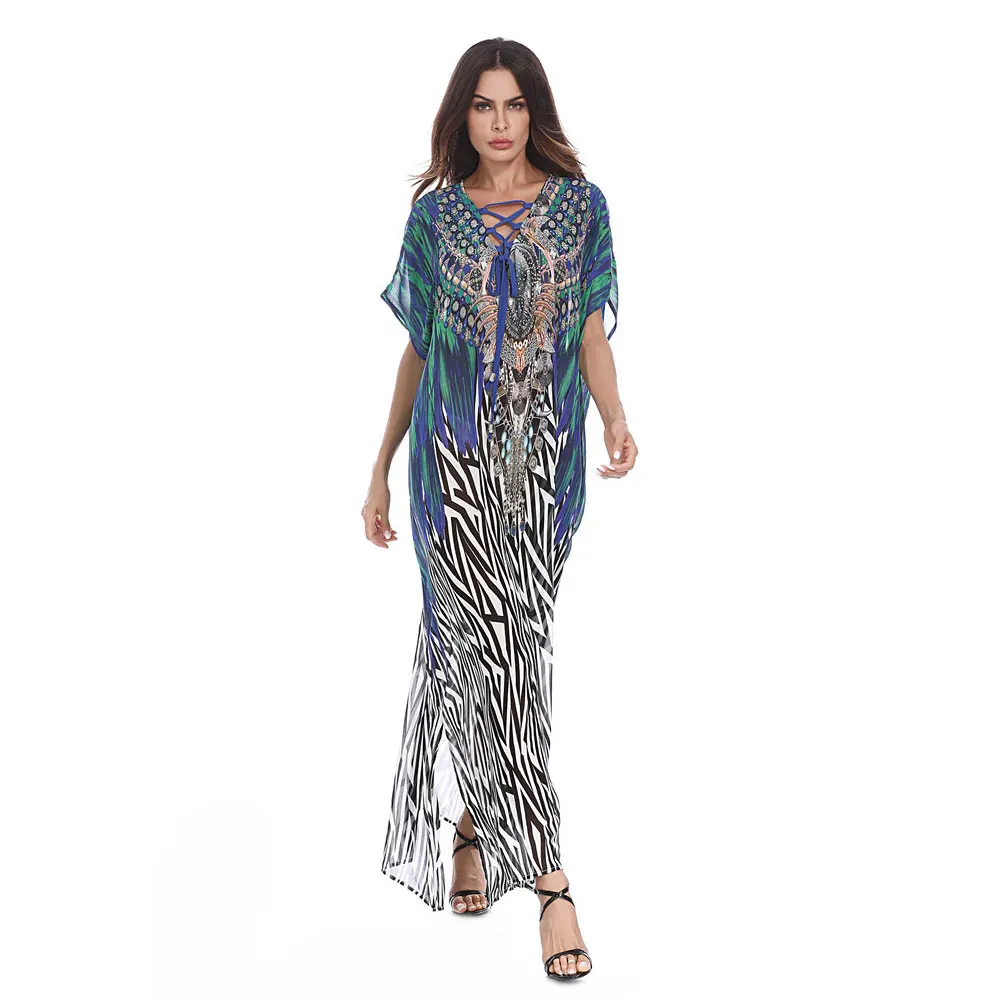 

2019 Fashion chiffon Feather Print Abaya boho clothing muslim robe summer Beach Arab Turkish cardigan Dubai Women wear VKDR1257
