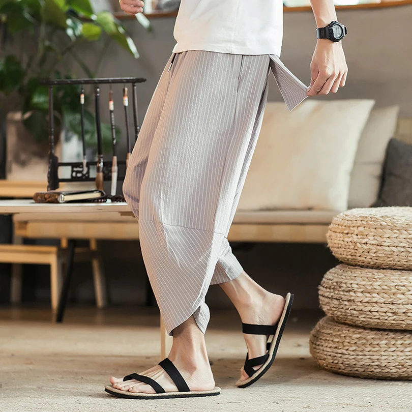 Summer Striped Hip Hop Pants Men Plus Size Cotton Linen Wide Leg Harem Pants Mens Loose Vintage Sweat Pants Elastic Waist
