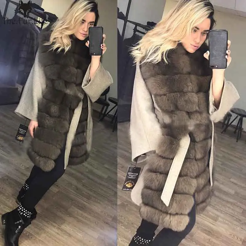 

2018 New Woolen Fur Coat Women Real Fox Fur Collar Sable Color Natural Fur Jackets With Belt Slim Genuine Fur Jackets Outerwear