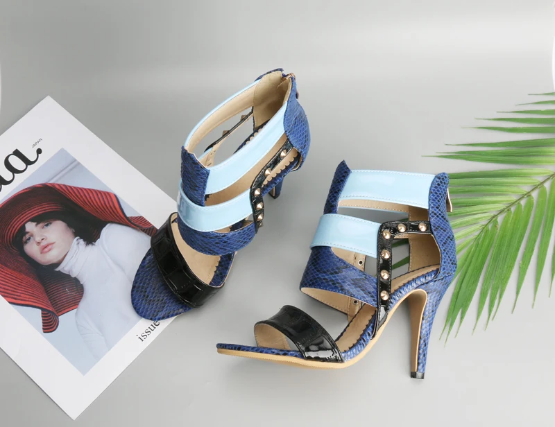 Meotina/женские босоножки; Туфли-гладиаторы на высоком каблуке с открытым носком; Летние пикантные туфли на тонком каблуке; цвет синий; ; на молнии; на шпильке; большие размеры 33-46; 45