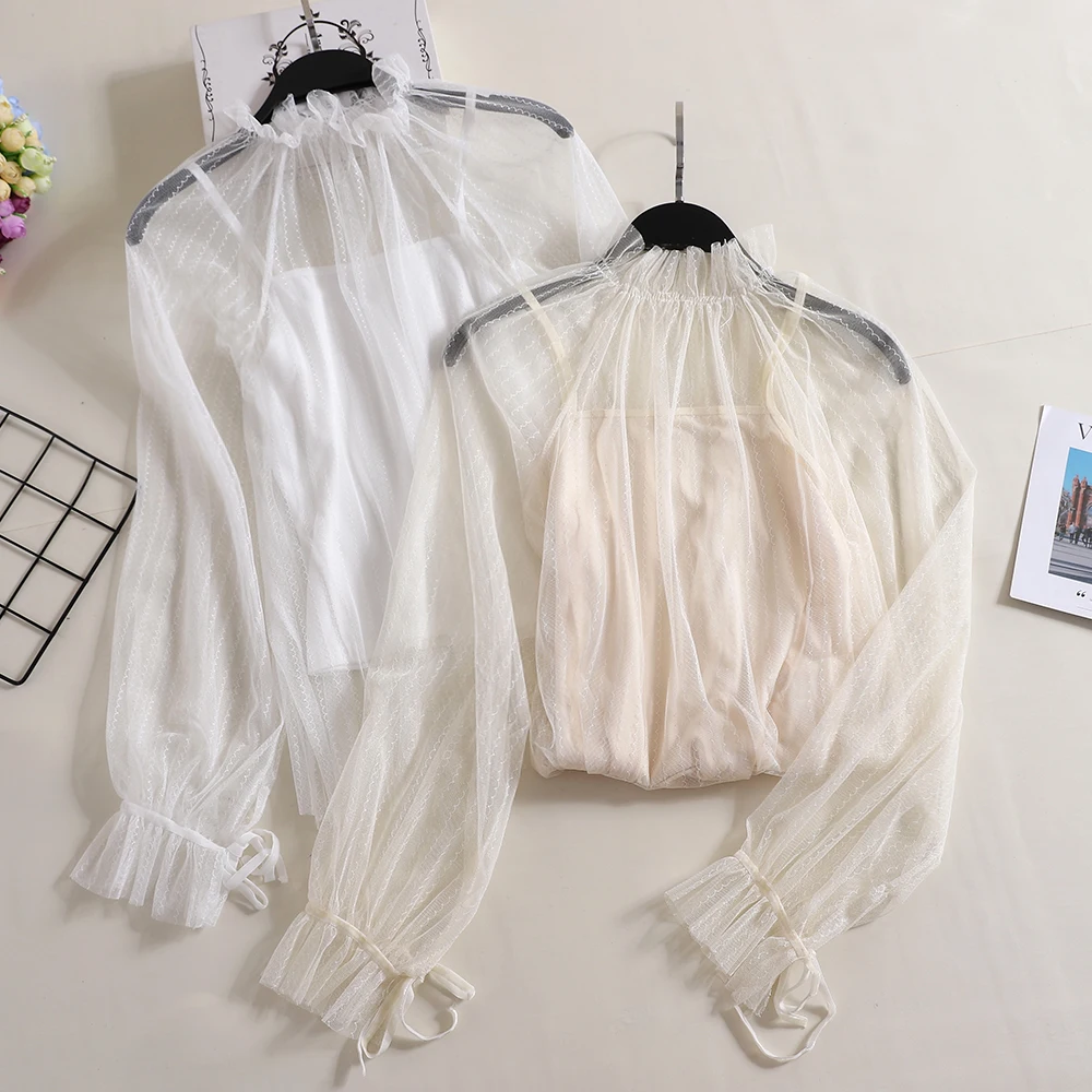 

2PCS Women Spring Autumn Lace Up Bandage Flare Sleeve Basic Ruffles Shirt New Casual Slim Gauze Mesh Cotton Pullover Blouse Tops