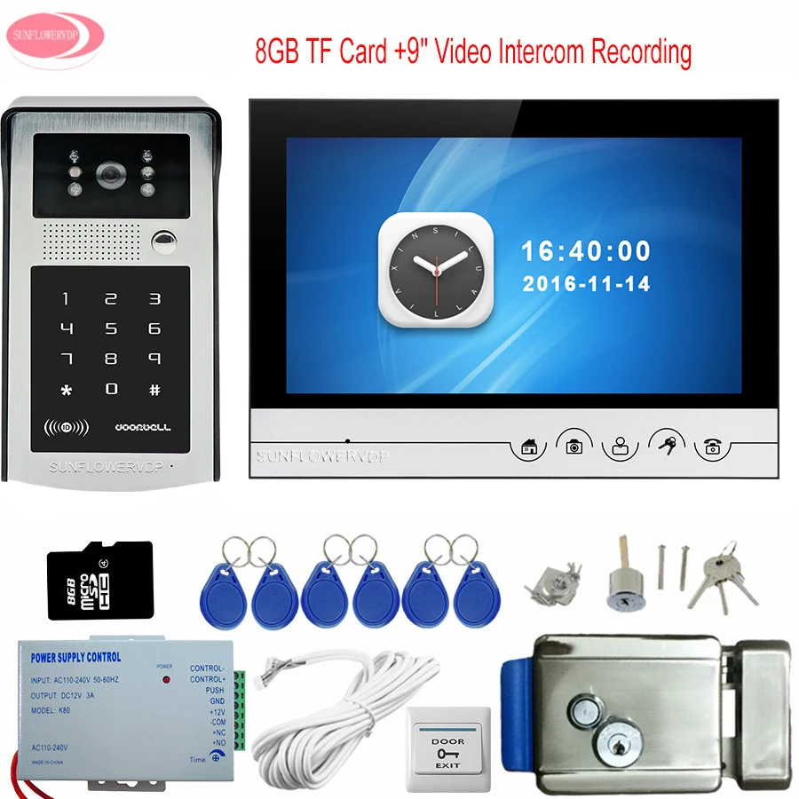 Wired 9\ Screen Intercom With Recording Video Door Phone Intercom System With RFID Code Keypad Camera + Electric Lock+8G TF Card