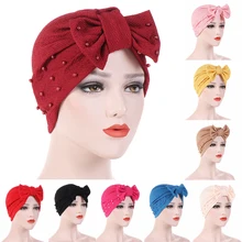 1 PCWomen одноцветное мусульманская шляпа бусины «бантики» декор Stretch Hat дамы Хиджабах Рак Кепка chemo Эластичный Тюрбан головной убор-чалма 2 Стиль