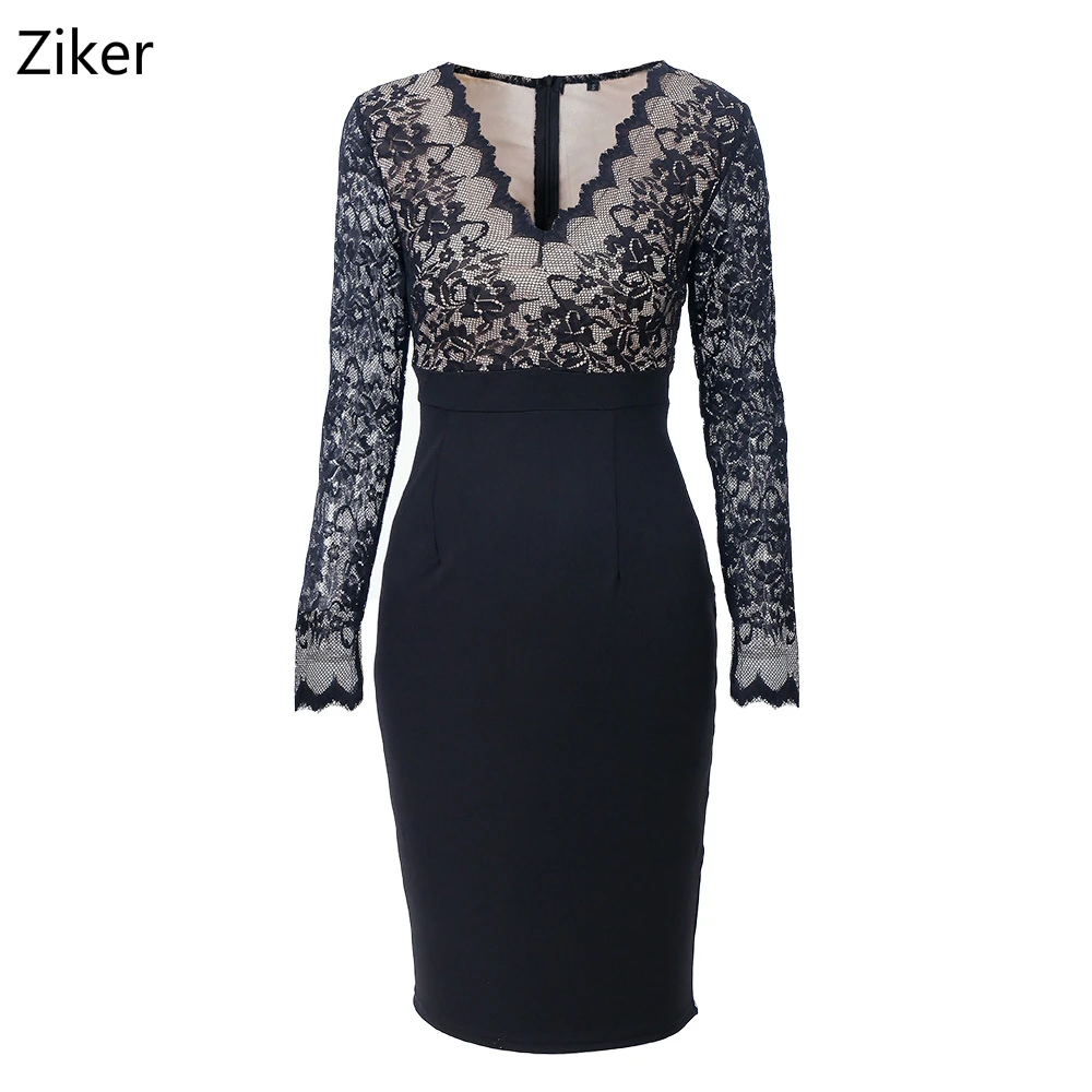 

New Fashion Autumn Winter Lace Pencil Dresses Sexy V-Neck Long Sleeve Knee length Bodycon Work Dress S-XXL Black