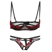 Rode Borduurwerk Kanten Beha Panty Lingerie Set Sexy Ondergoed Vrouw Open Kruis Slipje Dunne Cup Bloem Set Lenceria Encaje