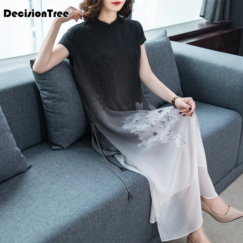 

2019 chinese dress cheongsam qipao cheongsam modern women chiffon gowns Vintage Embroidery Flower Women Qipao Vestido