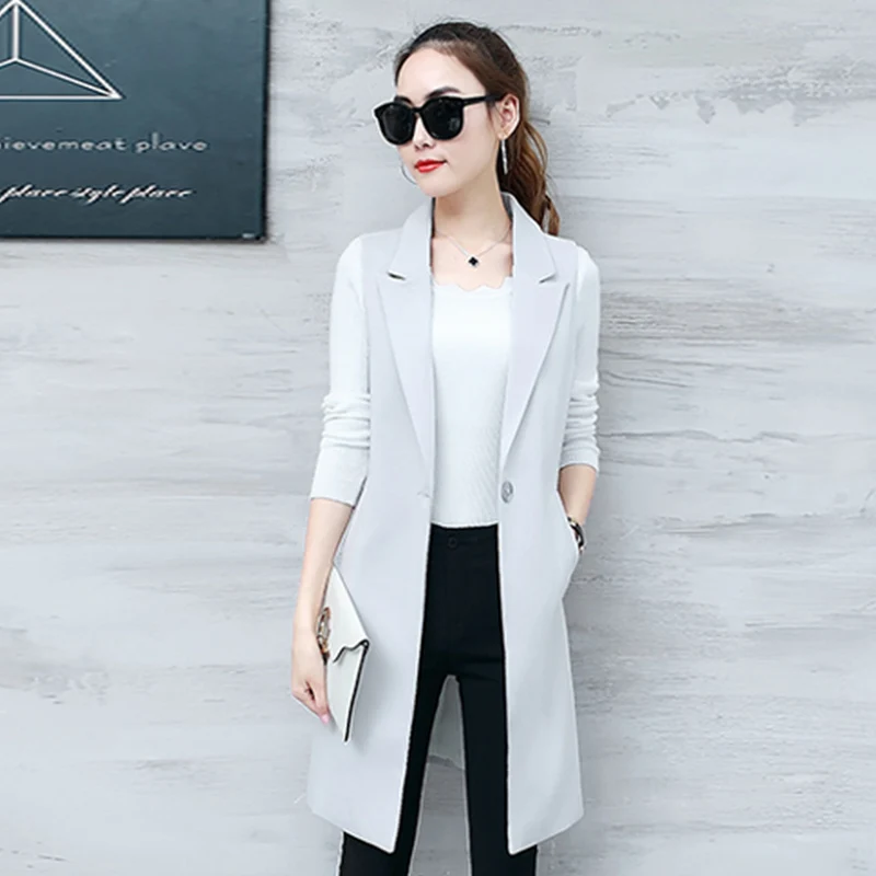 

Women Blazer Long Vest Coat Summer Autumn Waistcoat Sleeveless Jacket Plus SIze Outwear Casual Suit Roupa Female One Button
