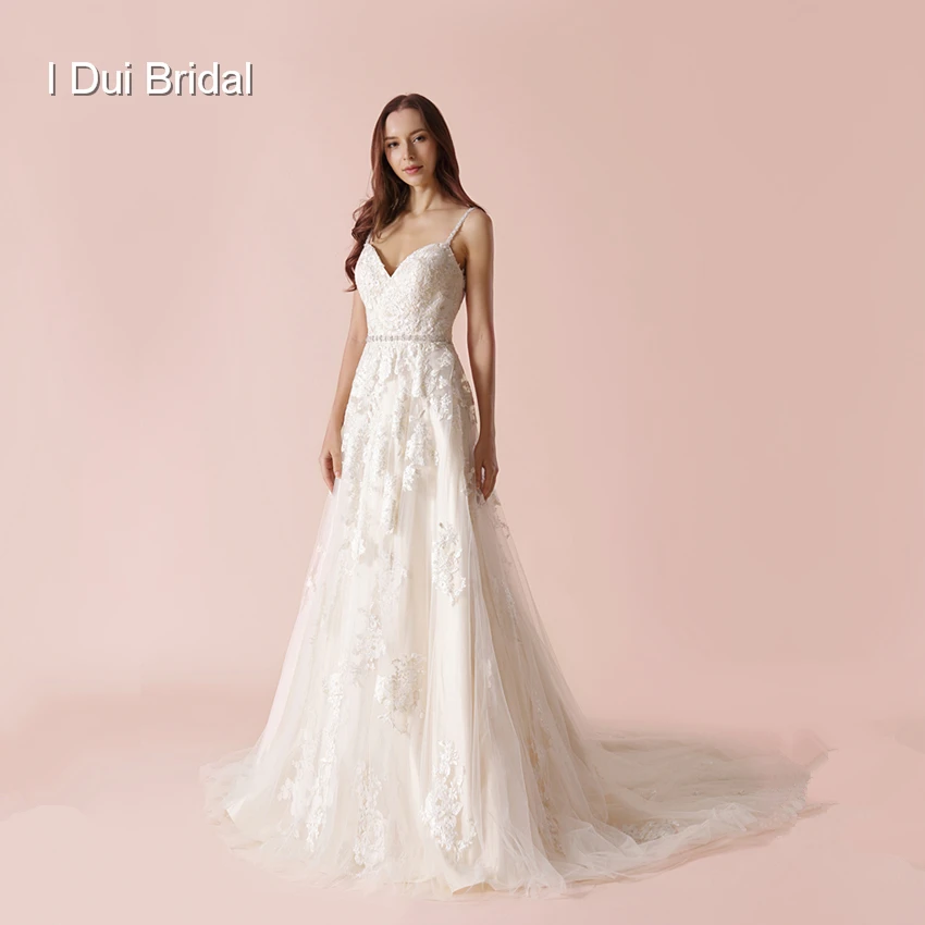 

A line Spaghetti Wedding Dress Lace Appliqued Beaded Bridal Gown