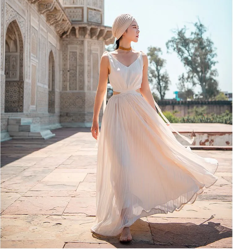 

Summer Women Bohemian Casual Beach White Chiffon Maxi Dress Ladies Elegant V-Neck Backless Sexy Long Dress vestido longo femme