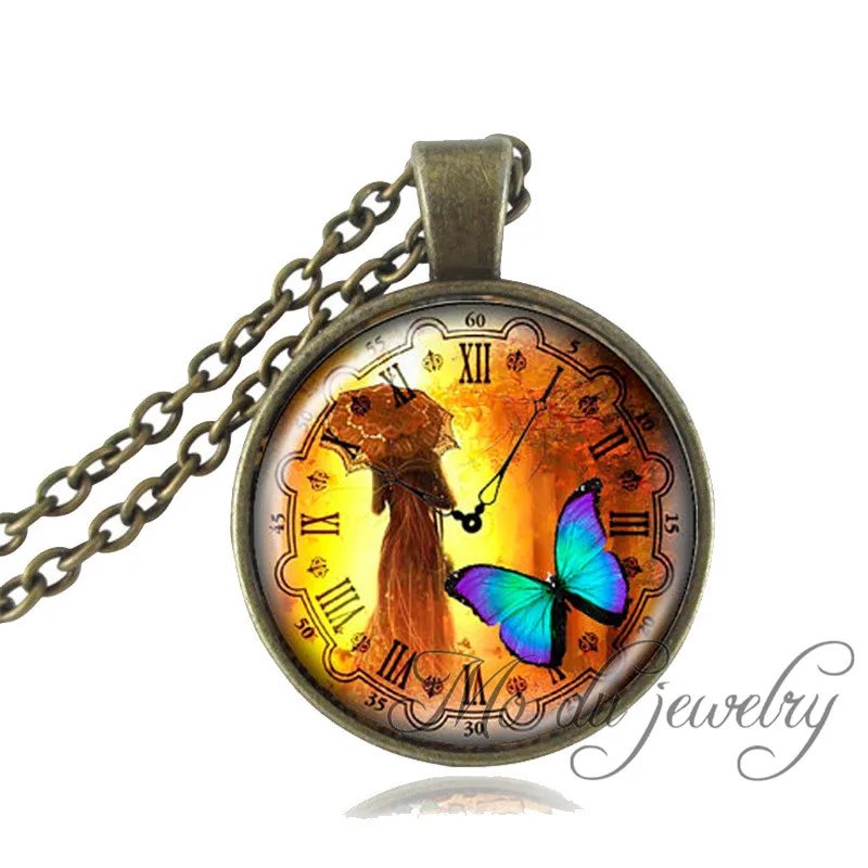 Steampunk clock necklace art photo watch choker vintage purple aqua