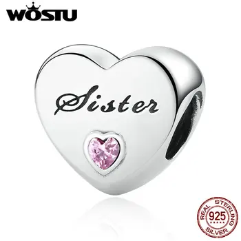

Real 925 Sterling Silver Sister's Love Charm Beads With Pink CZ Fit Original WOST Bracelet Bangle Authentic DIY JewelryBLC025