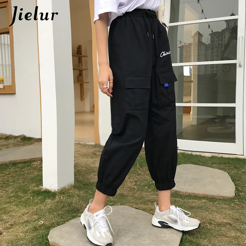 Jielur Trousers Women Hipster Cargo Summer Pants Drawstring Elastic Embroidery Women Pants Pantalon Femme 2019 New Black Jielur Trousers Women Hipster Cargo Summer Pants Drawstring Elastic Embroidery Women Pants Pantalon Femme 2019 New Black