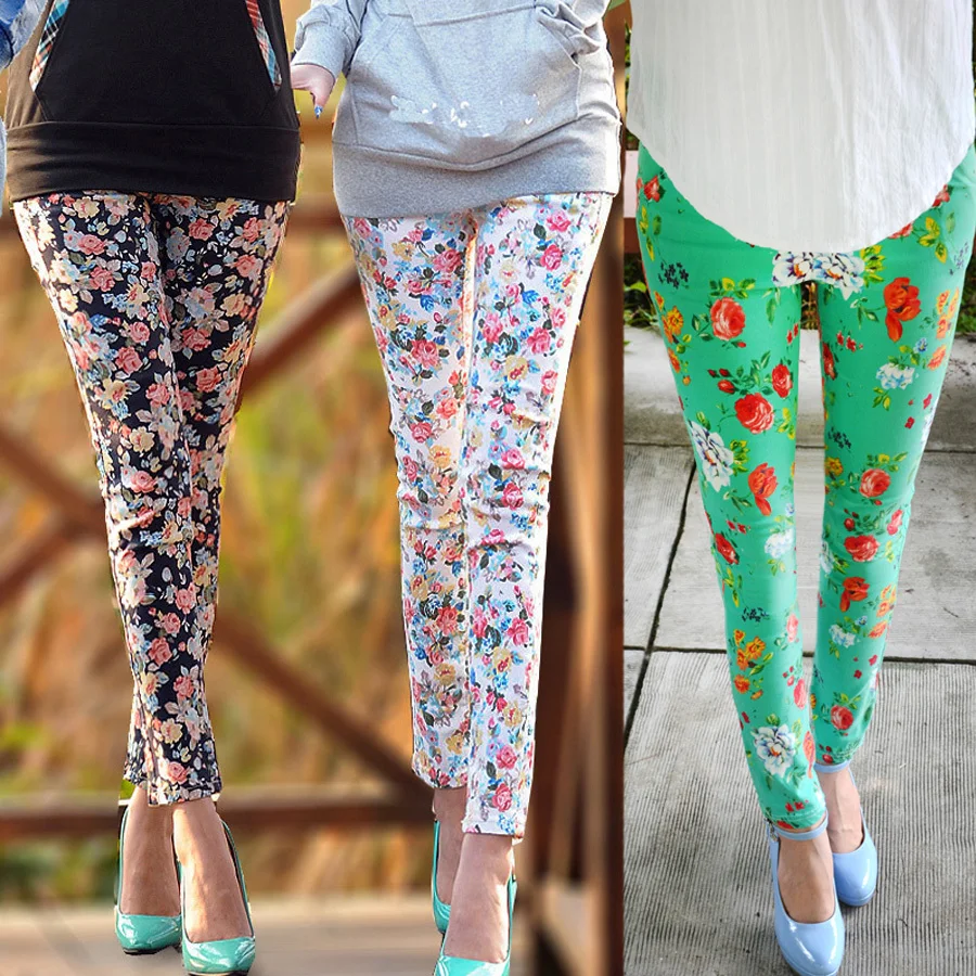 2014 Summer Women vintage Slim floral cotton Jeans casual flower Print