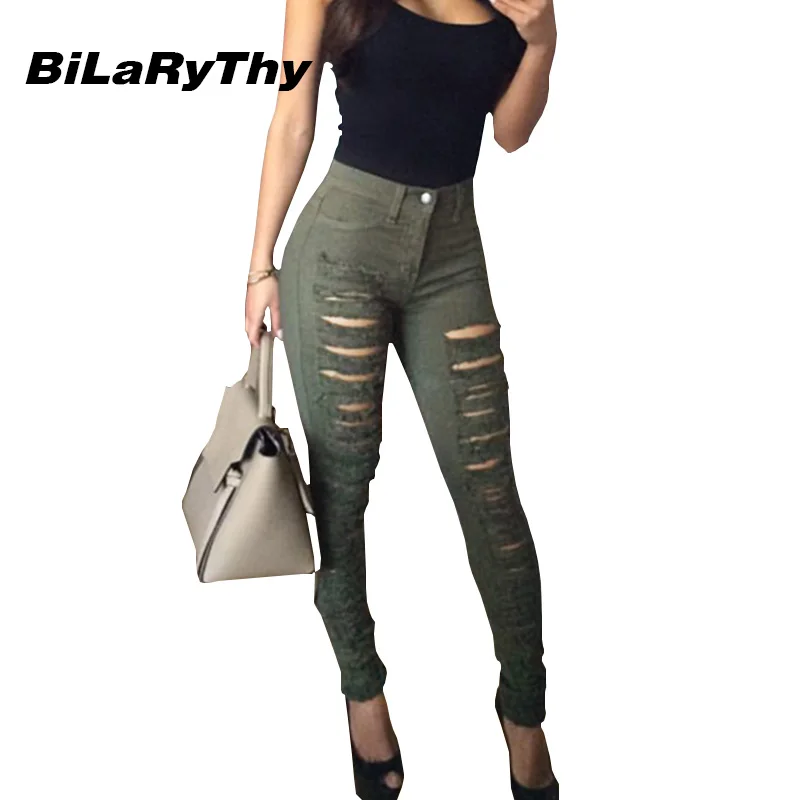 

BiLaRyThy Fashion Women Army Green Jeans Destroyed Ripped Holes Slim Denim Pencil Pants Trousers Casual Jeans
