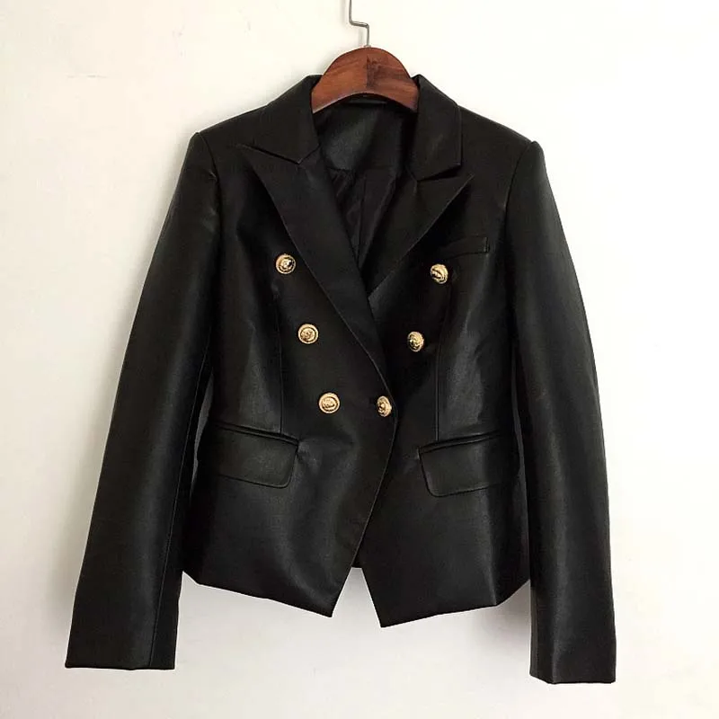

Autumn Winter 2018 Runway Designer Black Jacket Women Lion Metal Buttons Double Breasted Synthetic Leather Outer coat Clothes