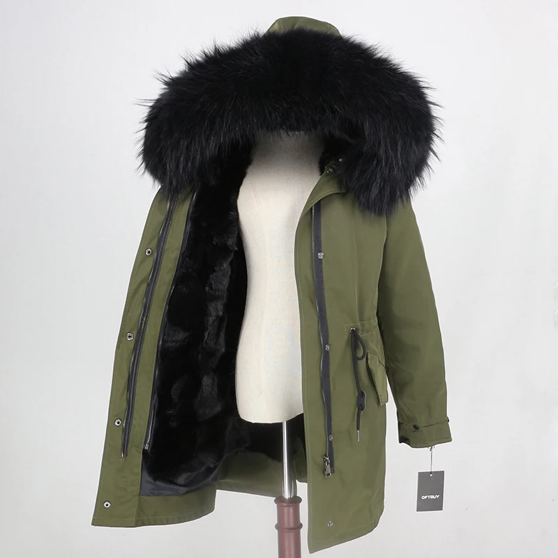 OFTBUY, пальто из натурального меха норки, водонепроницаемая длинная парка, зимняя куртка для женщин, натуральный мех енота, капюшон, съемная верхняя одежда, Толстая теплая - Цвет: green black