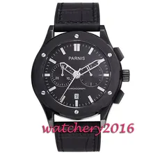 New 43mm Parnis black dial black PVD case sapphire glass date adjust full chronograph quartz movement Men’s Watch