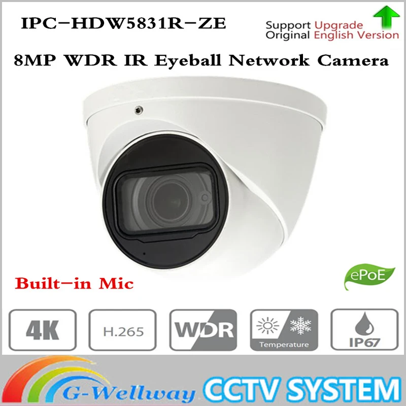 

Dahua IPC-HDW5831R-ZE 8MP WDR IR Eyeball Network Camera 2.7mm-2mm motorized lens Built-in Mic Memory SD Card IP67 PoE 50m ICR