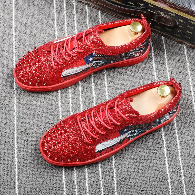 Stephoes Rivets 2018 Robe Graffiti D'été Mocassins De Parti Dropshipping Punk Chaussures Casual Noir Luxe Homme Hommes rouge rF1xwqtr