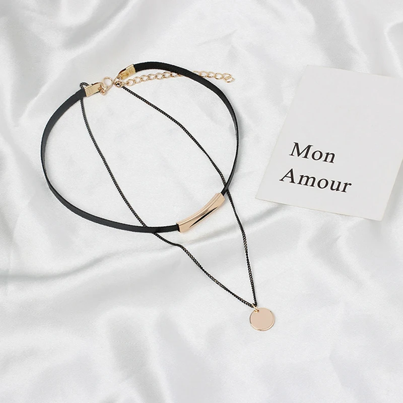 

2019 Europe United States Round Sequins Black Choker Necklace Multi-Layer Wax Rope Chain Pendant Necklaces For Female Party Club