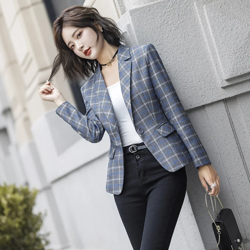 

2019 Early autumn new women's small jacket female college female fashion wool suit blue plaid British wind small suit