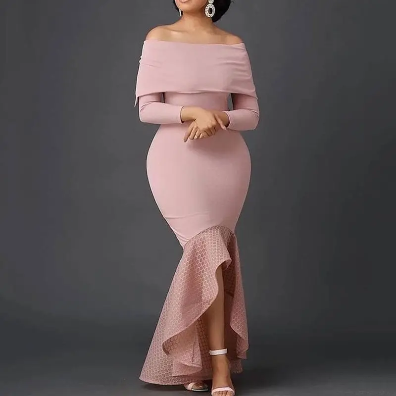 

Off Shoulder Falbala Plus Size Party Pink Sweet Elegant Women Long Dresses Summer African Vintage High Waist Female Maxi Dress