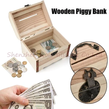 

New TENSKE Wooden Piggy Bank Safe Money Box Savings With Lock Wood Carving Handmade Coin storage box 50pcs