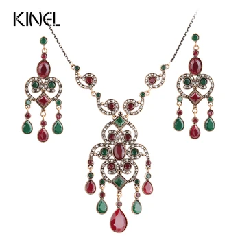 

High Quality Vintage Flower Jewelry Sets For Women Turkish Resin Earring&Necklace Drop Pendant Hollow Roll Grass Pattern Bijoux