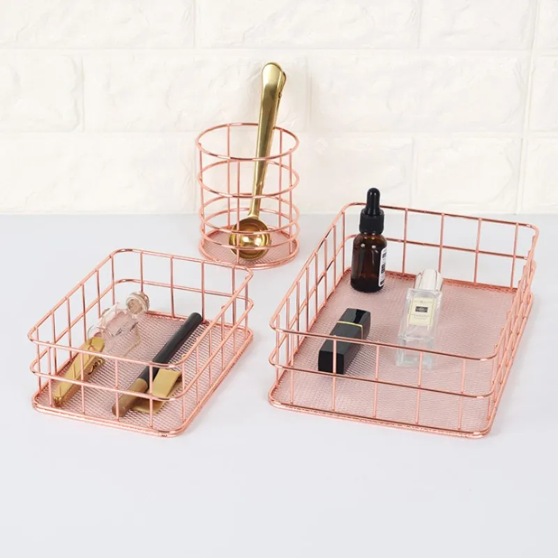 

High Quality Wrought Iron Storage Basket Rose Gold Storage Box Desktop Debris Basket Modern Home Storage Racks Office Accessory