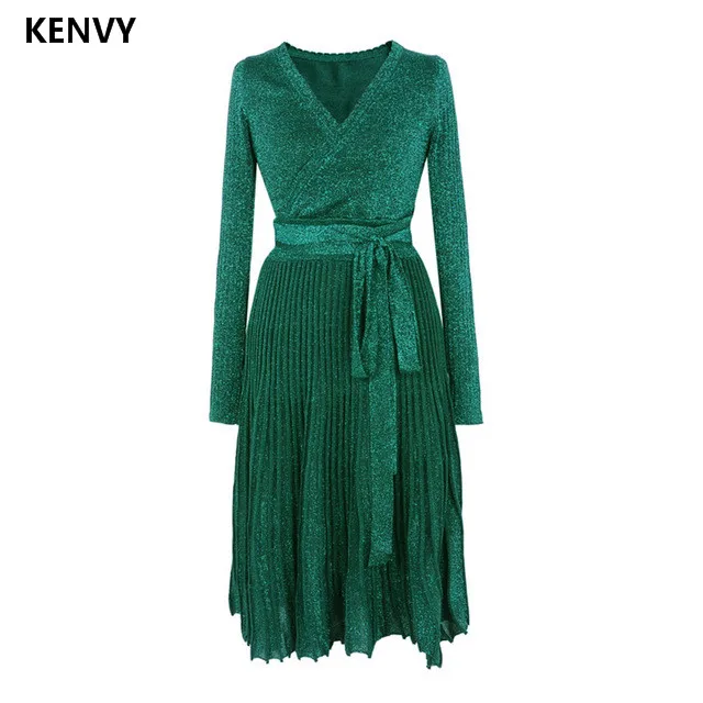 

KENVY Brand fashion women's autumn high-end luxury sexy V-neck silver knitted long-sleeved waist pleated full dress