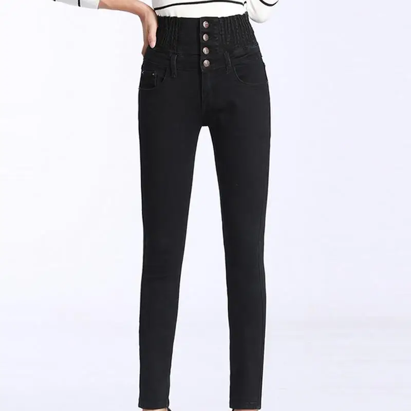 Эластичные длинные джинсовые брюки с высокой талией, женские свободные джинсы с пуговицами размера плюс 8xl