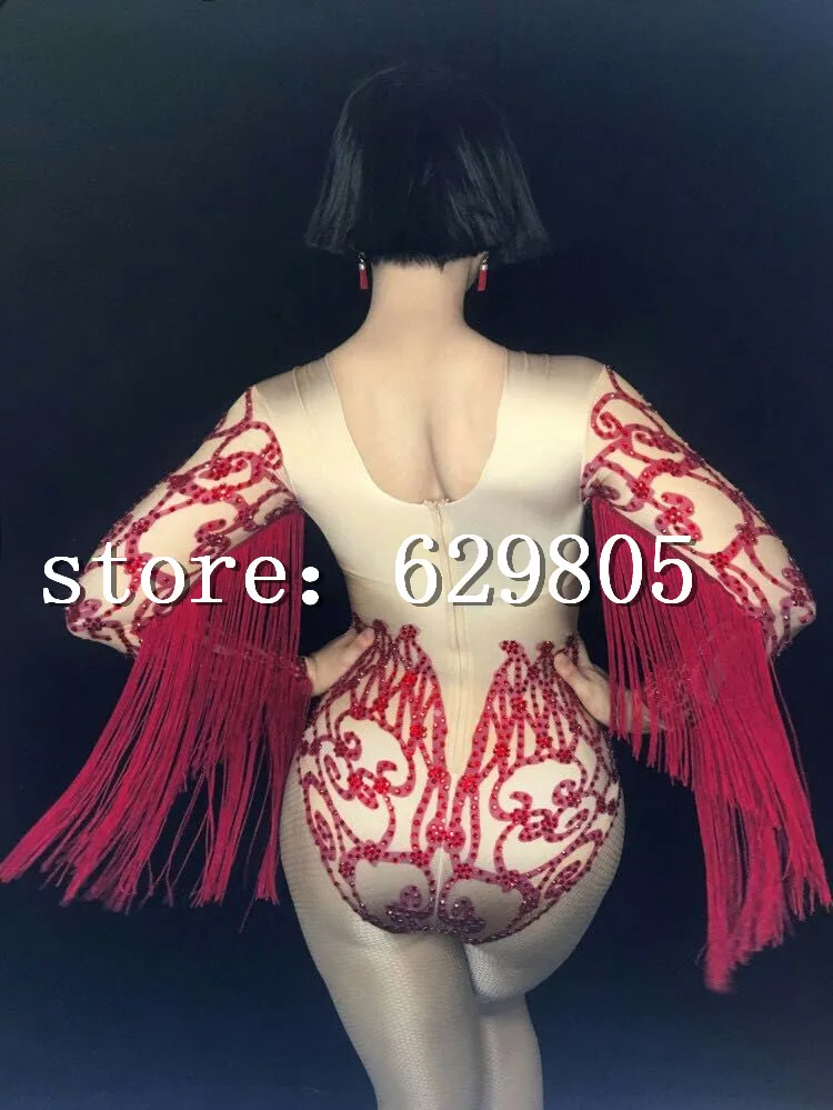 Glitter Bar Strass Rot K Dance Kost rper Nachtclub Quaste Outfit Frauen 6yfgb7