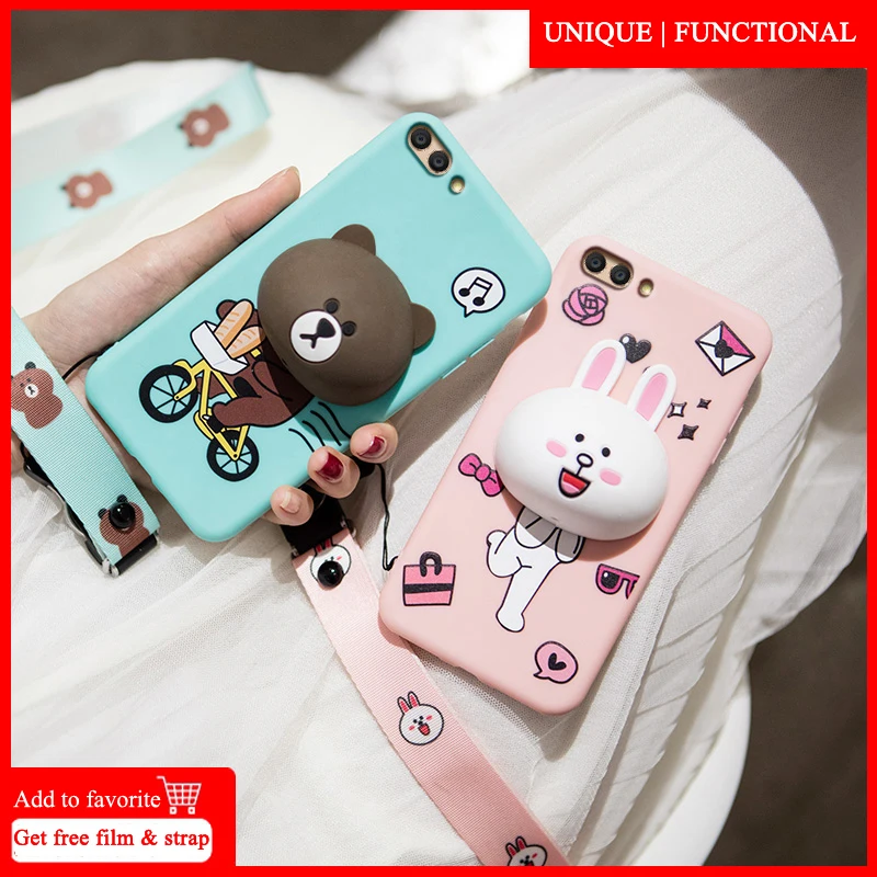 Cute 3D bear case for Huawei honor 9 10 soft silicone cover v10 v9 cartoon rabbit shell 9lite play+ strap |