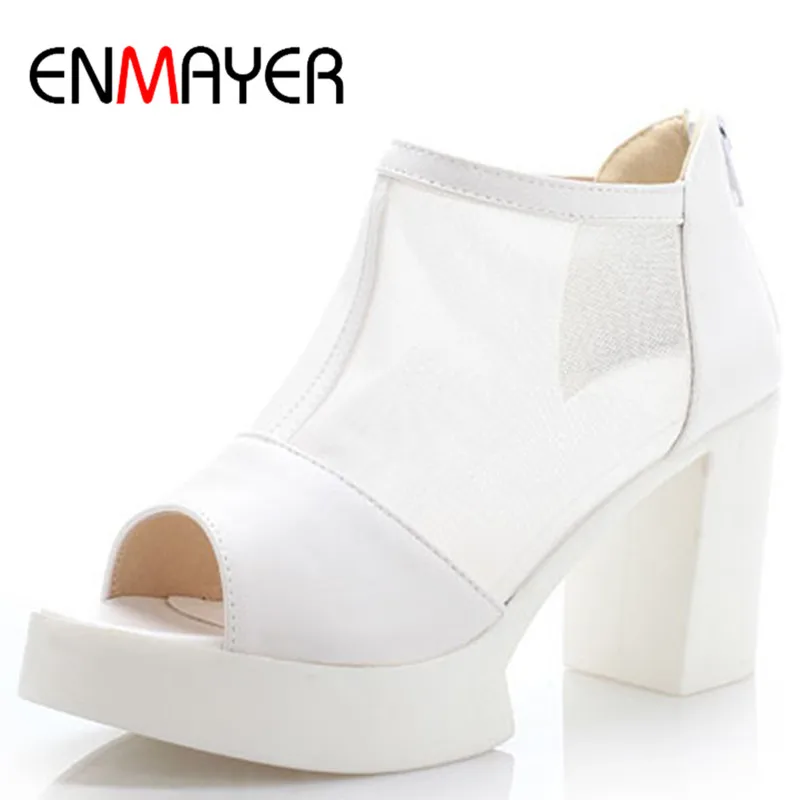 

ENMAYER Black White Cut-Outs Ankle boots for women  Peep Toe Zip boots high heels shoes Martin boots  summer new women boot
