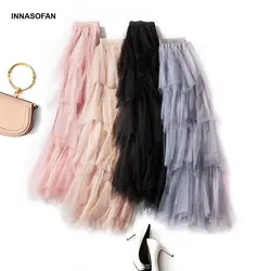 INNASOFAN длинная юбка из тюля женская весна-лето Торт-юбка с высокой талией Евро-американская Модная элегантная юбка в сплошной цвет