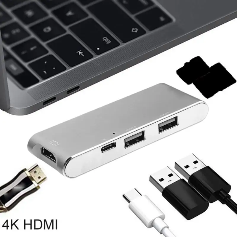 

Dual USB 3.1 Type C to PD Power USB 3.0 HUB Adapter HDMI 4K with TF Card Reader Slots Aluminum Alloy Converter for Macbook Pro