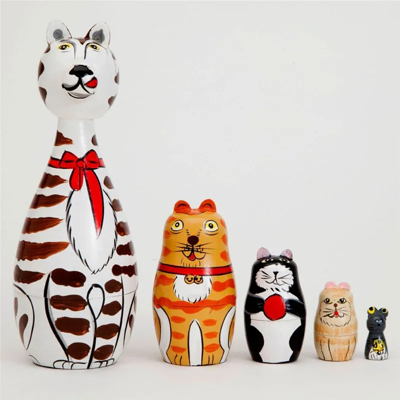 Handmade Cleo  Friends Nesting Cats Painted Wooden Nesting Dolls Matryoshka  Set of 5 Dolls From 7 Tall  (1)